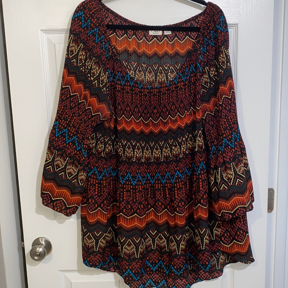 Cato Women's Pullover Plunge Crew Neck Pleated Top Geometric Tunic Size 26/28 - Picture 1 of 12